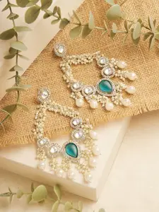 Zaveri Pearls Gold-Plated Artificial Stones Studded & Beaded Oval Shaped Drop Earrings