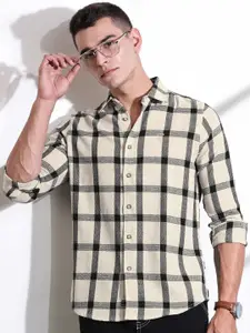 Thomas Scott Men Classic Slim Fit Spread Collar Windowpane Checked Cotton Casual Shirt