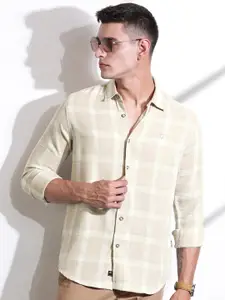 Thomas Scott Men Classic Slim Fit Spread Collar Windowpane Checked Cotton Casual Shirt