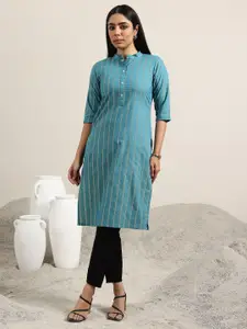 Libas Striped Printed Thread Work Band Collar Straight Kurta
