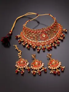 ANIKAS CREATION Gold-Plated Stone Studded & Beaded Necklace and Earrings With Maang Tika