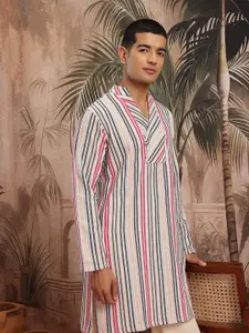 Sangria Vertically Striped Mandarin Collar Pure Cotton Angrakha-Style Straight Kurta