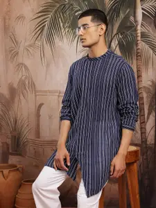 Sangria Striped Band Collar Pure Cotton Asymmetric Kurta