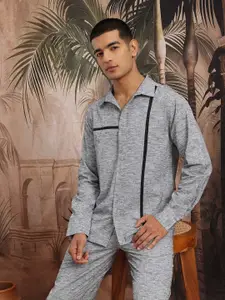 Sangria Men Melange Paneled Cotton Shirt With Trousers Co-Ord Set