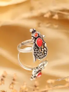 Exotic India Adjustable Sterling Silver Peacock Ring with Coral Gemstone