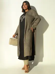 SHOWOFF Plus Size Ethnic Motifs Zari Embroidered A-Line Kurta With Overcoat