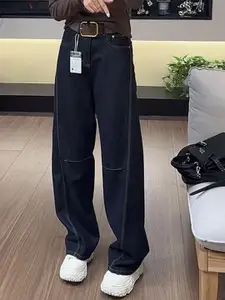 StyleCast Women Whiskers and Chevrons Mid-Rise Cotton Baggy Jeans