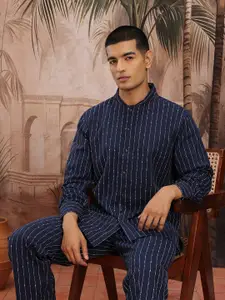 Sangria Vertically Striped Band Collar Pure Cotton Straight Kurta with Trousers