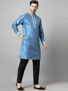 Utsav Fashion Men Yoke Design Pleated Mirror Work Dupion Silk Kurta with Trousers