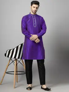 Utsav Fashion Men Yoke Design Pleated Mirror Work Dupion Silk Kurta with Trousers