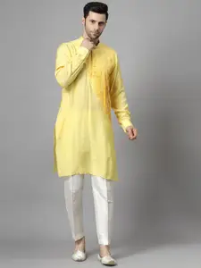 Utsav Fashion Men Yoke Design Pleated Raw Silk Kurta with Trousers