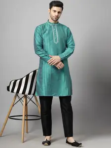 Utsav Fashion Men Yoke Design Pleated Mirror Work Dupion Silk Kurta with Trousers