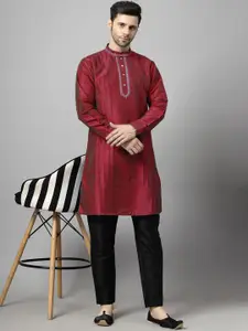 Utsav Fashion Men Yoke Design Pleated Mirror Work Dupion Silk Kurta with Trousers