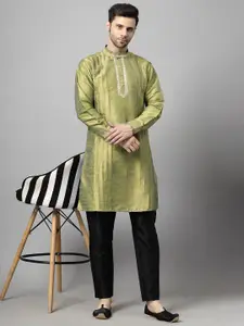 Utsav Fashion Men Yoke Design Pleated Mirror Work Dupion Silk Kurta with Trousers