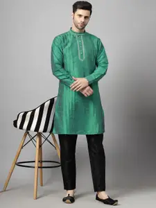 Utsav Fashion Men Yoke Design Pleated Mirror Work Dupion Silk Kurta with Trousers