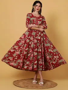 Sa Rasa Floral Printed Fit and Flare Sequinned Cotton Ethnic Dress