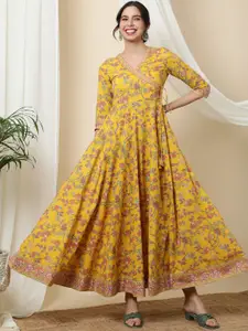 Sa Rasa Floral Printed V-Neck Tie-Up Fit and Flare Cotton Ethnic Dress