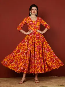 Sa Rasa Floral Printed Notch Neck Fit and Flare Cotton Ethnic Dress