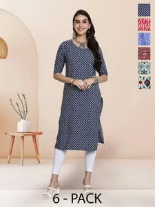 7Threads Selection Of 6 Floral Printed Round Neck Straight Kurta