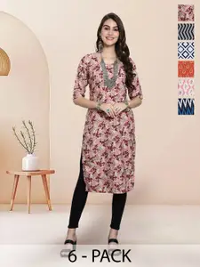 7Threads Selection Of 6 Floral Printed Round Neck Straight Kurta