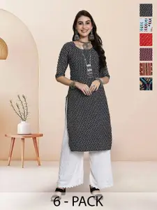 7Threads Selection Of 6 Geometric Printed Round Neck Straight Kurta