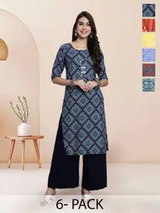 7Threads Selection Of 6 Geometric Printed Round Neck Straight Kurtas