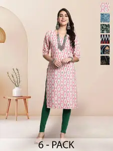 7Threads Selection Of 6 Floral Printed Round Neck Straight Kurta