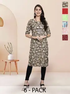 7Threads Selection Of 6 Floral Printed Round Neck Straight Kurtas