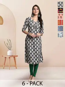 7Threads Selection Of 6 Floral Printed Round Neck Straight Kurta