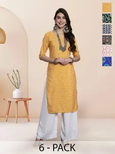 7Threads Selection Of 6 Floral Printed Round Neck Straight Kurtas