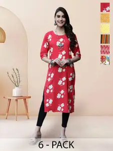 7Threads Selection Of 6 Floral Printed Round Neck Straight Kurtas