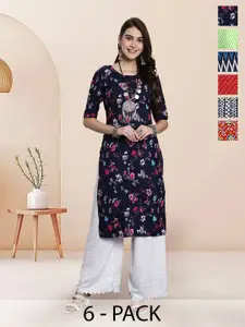 7Threads Selection Of 6 Floral Printed Round Neck Straight Kurtas