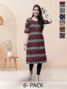 7Threads Selection Of 6 Floral Printed Round Neck Straight Kurtas