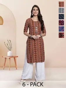 7Threads Selection Of 6 Ethnic Motifs Printed Round Neck Straight Kurtas