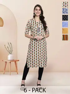 7Threads Selection Of 6 Floral Printed Round Neck Straight Kurtas