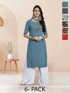 7Threads Selection Of 6 Floral Printed Round Neck Straight Kurta