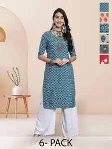 7Threads Selection Of 6 Floral Printed Round Neck Straight Kurtas