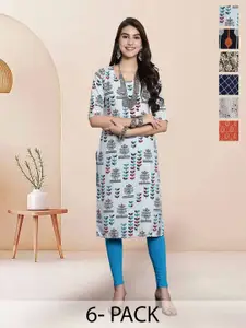 7Threads Selection Of 6 Floral Printed Round Neck Straight Kurtas