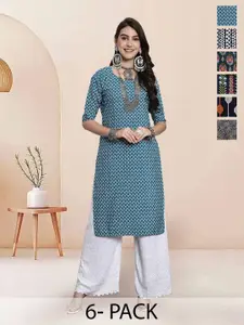 7Threads Selection Of 6 Floral Printed Round Neck Straight Kurta