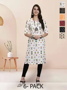 7Threads Selection Of 6 Geometric Printed Round Neck Straight Kurta