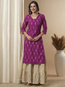 FASHOR Floral Foil Printed Square Neck Silk Straight Kurta
