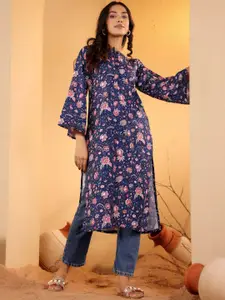 Varanga Floral Printed Mandarin Collar Flared Sleeves Straight Kurta