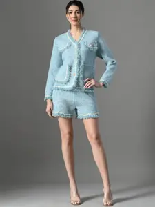 PANKH Self Design V-Neck Pure Wool Sweater With Shorts