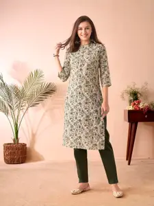 Anouk Beige Floral Printed Mandarin Collar Straight Kurta