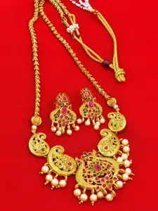 Anujeet Fashion Hub Gold Plated Stone Studded & Beaded Necklace and Earrings