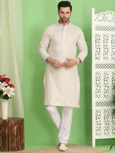 Larwa Floral Embroidered Sequinned Mandarin Collar Pure Cotton Straight Kurta With Pyjamas