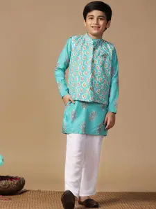 FASHION DREAM Boys Floral Printed Mandarin Collar Straight Kurta with Trousers