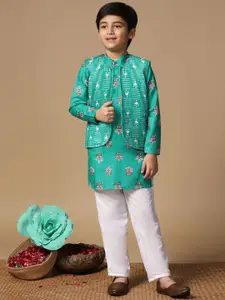 FASHION DREAM Boys Floral Printed Mandarin Collar Straight Kurta with Trousers