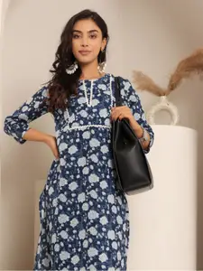 Varanga Floral Printed Thread Work Round Neck Pure Cotton Straight Kurta