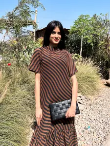 Stylecast X Hersheinbox Striped High Neck Gathered or Pleated A-Line Maxi Dress